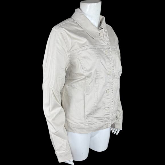 Belle by Kim Gravel Stretch Denim Femme Flutter Ruffle Jacket Sand Bar Medium - Picture 10 of 13